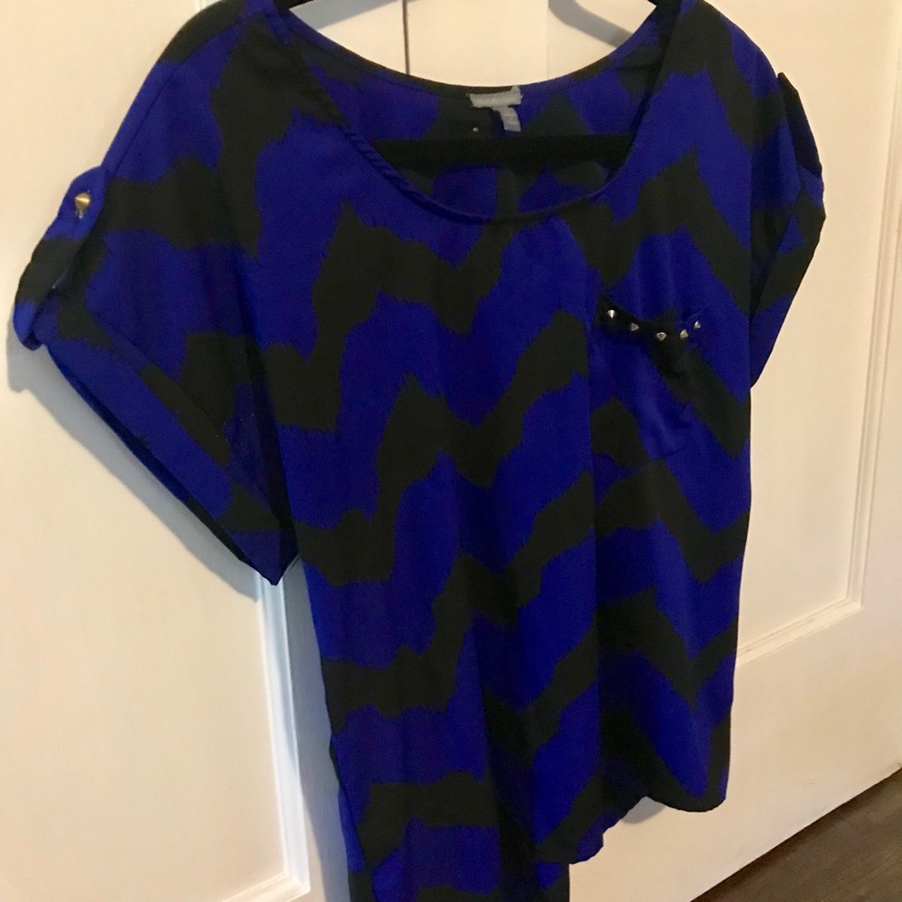 Black & Blue Chevron Blouse with Spike Buttons